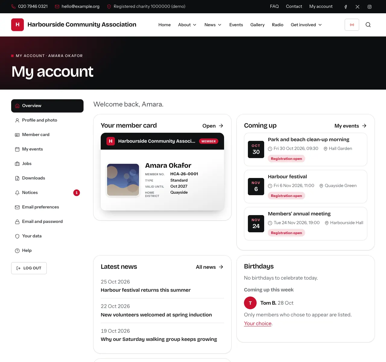 A member's dashboard