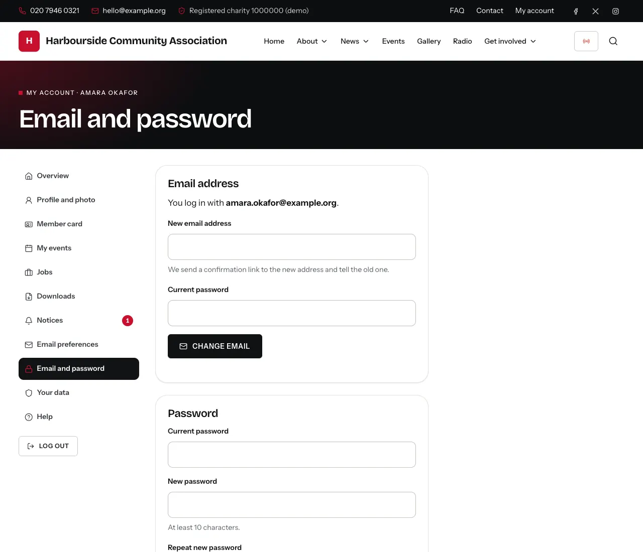 Email and password